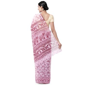 Pink printed blended cotton saree with blouse 2
