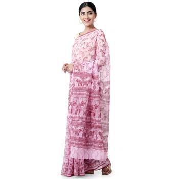 Pink printed blended cotton saree with blouse 3