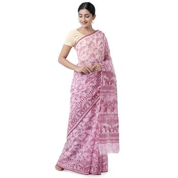 Pink printed blended cotton saree with blouse 4