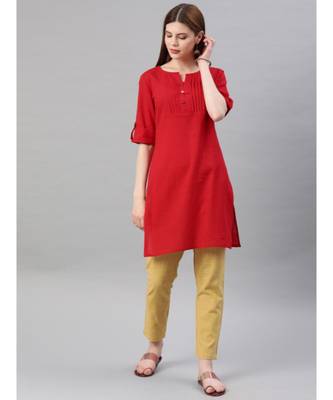 Women Red & Beige Solid Straight Cotton Slub Kurta With Pants 1