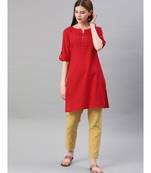 Women Red & Beige Solid Straight Cotton Slub Kurta With Pants