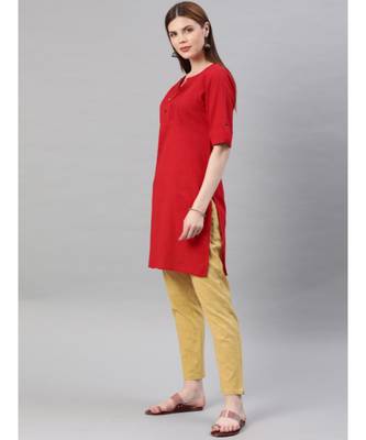 Women Red & Beige Solid Straight Cotton Slub Kurta With Pants 2