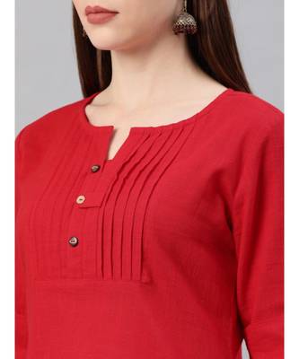 Women Red & Beige Solid Straight Cotton Slub Kurta With Pants 3
