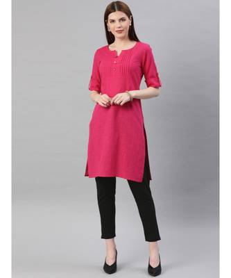 Women Pink & Black Solid Straight Cotton Slub Kurta With Pants 1