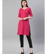 Women Pink & Black Solid Straight Cotton Slub Kurta With Pants