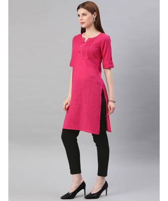 Women Pink & Black Solid Straight Cotton Slub Kurta With Pants 2