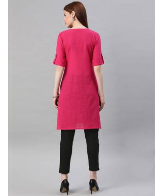 Women Pink & Black Solid Straight Cotton Slub Kurta With Pants 3