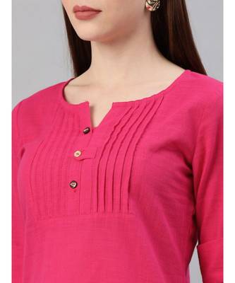 Women Pink & Black Solid Straight Cotton Slub Kurta With Pants 4