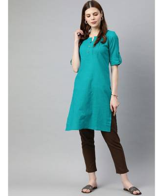 Women Turquoise Blue & Brown Solid Straight Cotton Slub Kurta With Pants 1