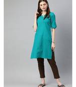 Women Turquoise Blue & Brown Solid Straight Cotton Slub Kurta With Pants