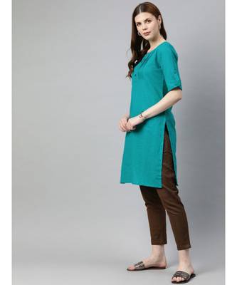 Women Turquoise Blue & Brown Solid Straight Cotton Slub Kurta With Pants 2