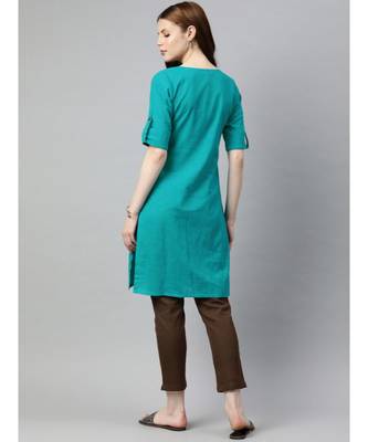 Women Turquoise Blue & Brown Solid Straight Cotton Slub Kurta With Pants 3