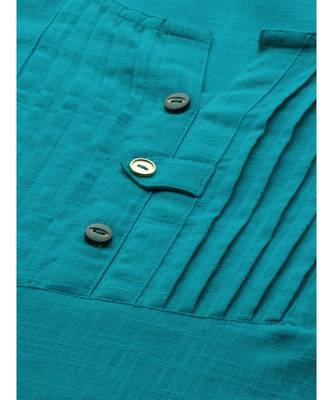 Women Turquoise Blue & Brown Solid Straight Cotton Slub Kurta With Pants 4
