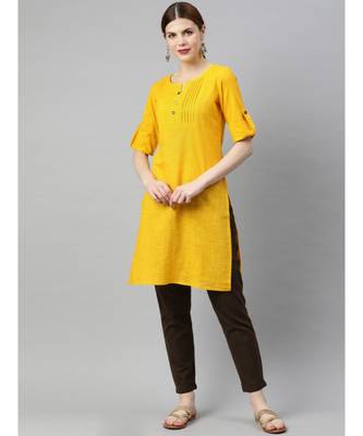 Women Yellow & Brown Solid Straight Cotton Slub Kurta With Pants 1