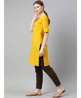 Women Yellow & Brown Solid Straight Cotton Slub Kurta With Pants 2