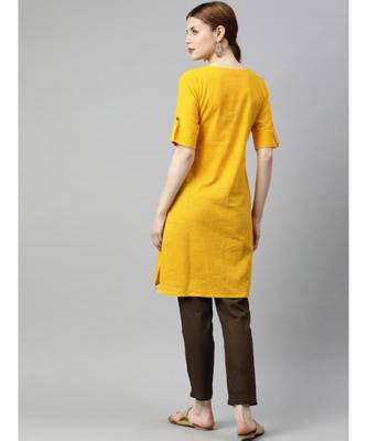 Women Yellow & Brown Solid Straight Cotton Slub Kurta With Pants 3