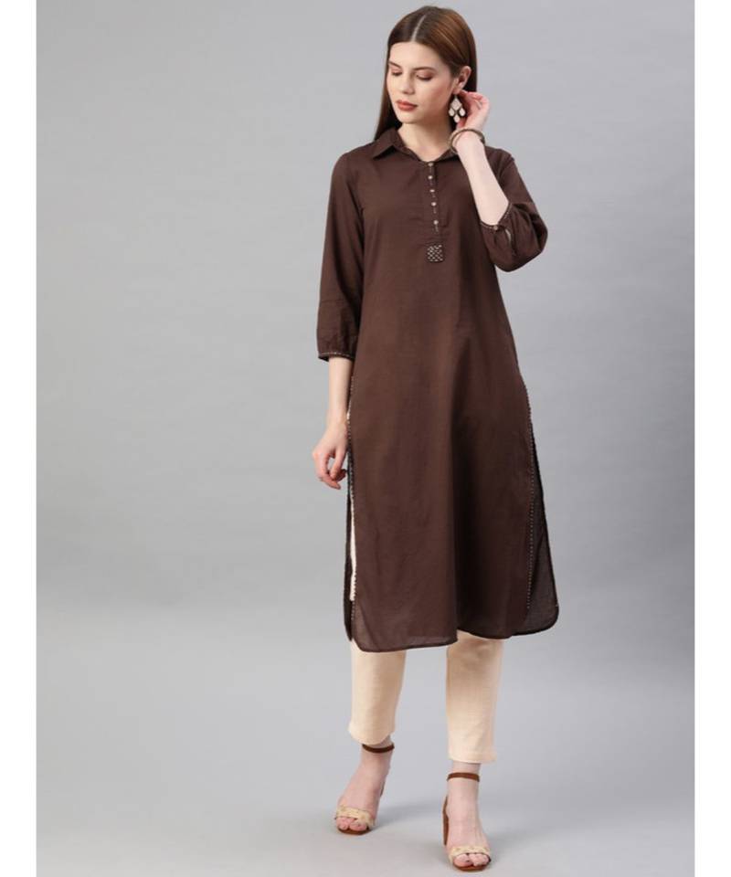 Women Brown & Beige Solid Straight Cotton Kurta With Pants