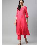 Women Coral Solid A-Line Rayon Kurta With Pants