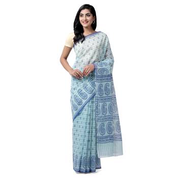 Blue printed blended cotton saree with blouse 1