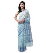 Blue printed blended cotton saree with blouse