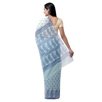 Blue printed blended cotton saree with blouse 2