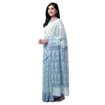 Blue printed blended cotton saree with blouse 3