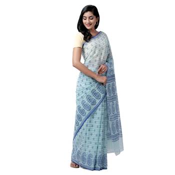 Blue printed blended cotton saree with blouse 4