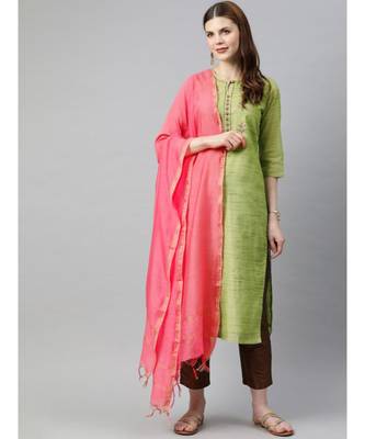 Women Lime Green & Brown Self Design Straight Chanderi Kurta With Pants & Dupatta 1