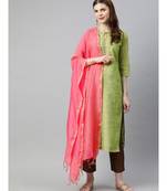 Women Lime Green & Brown Self Design Straight Chanderi Kurta With Pants & Dupatta