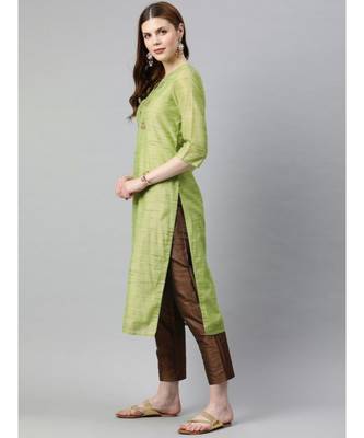 Women Lime Green & Brown Self Design Straight Chanderi Kurta With Pants & Dupatta 2
