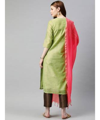 Women Lime Green & Brown Self Design Straight Chanderi Kurta With Pants & Dupatta 3