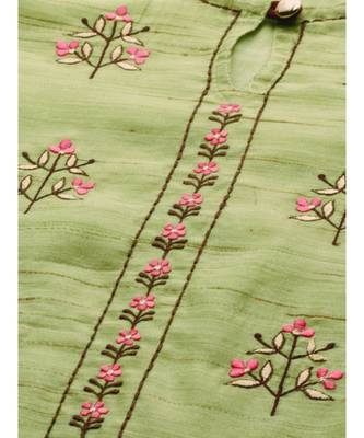 Women Lime Green & Brown Self Design Straight Chanderi Kurta With Pants & Dupatta 4