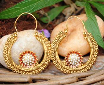 Antique Pearl Red Flower Chand Hoop Earrings 2