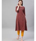 Women Rust & Mustard Geometric A-Line Cotton Kurta With Pants