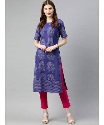 Women Blue & Pink Quirky Straight Cotton Kurta With Pants 1