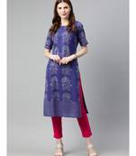 Women Blue & Pink Quirky Straight Cotton Kurta With Pants