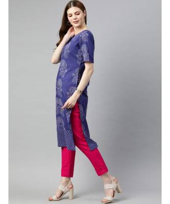 Women Blue & Pink Quirky Straight Cotton Kurta With Pants 2