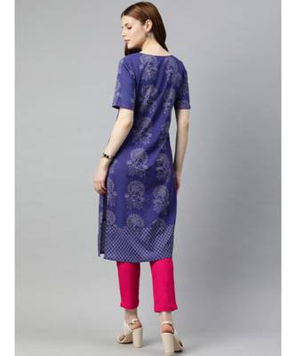Women Blue & Pink Quirky Straight Cotton Kurta With Pants 3