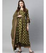 Women Olive Ethnic Motifs A-Line Cotton Kurta, Palazzo With Dupatta