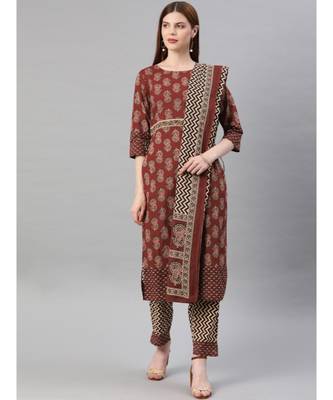 Women Maroon & Beige Ethnic Motifs Straight Cotton Kurta, Palazzo With Dupatta 1