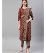 Women Maroon & Beige Ethnic Motifs Straight Cotton Kurta, Palazzo With Dupatta