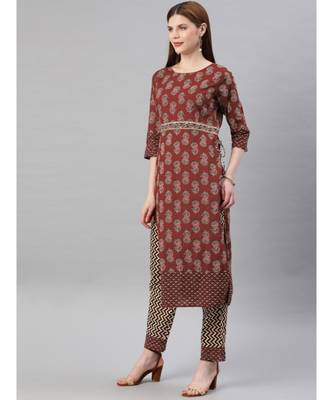 Women Maroon & Beige Ethnic Motifs Straight Cotton Kurta, Palazzo With Dupatta 2