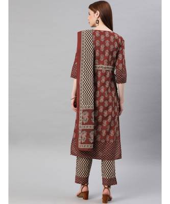 Women Maroon & Beige Ethnic Motifs Straight Cotton Kurta, Palazzo With Dupatta 3