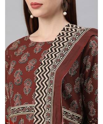 Women Maroon & Beige Ethnic Motifs Straight Cotton Kurta, Palazzo With Dupatta 4