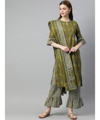 Women Olive Ethnic Motifs Straight Cotton Kurta, Palazzo With Dupatta 1