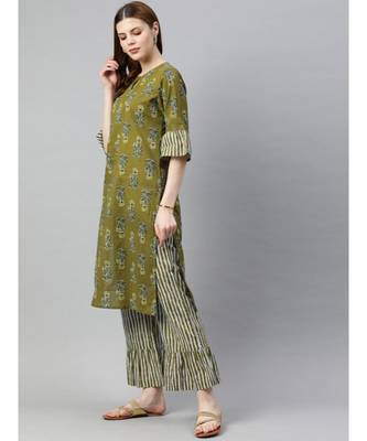Women Olive Ethnic Motifs Straight Cotton Kurta, Palazzo With Dupatta 2