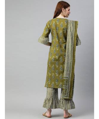 Women Olive Ethnic Motifs Straight Cotton Kurta, Palazzo With Dupatta 3