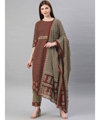 Women Maroon & Beige Ethnic Motifs Straight Cotton Kurta, Palazzo With Dupatta 1