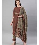 Women Maroon & Beige Ethnic Motifs Straight Cotton Kurta, Palazzo With Dupatta