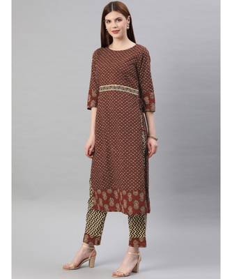Women Maroon & Beige Ethnic Motifs Straight Cotton Kurta, Palazzo With Dupatta 2